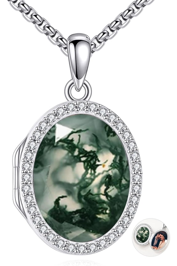 Locket Necklace Sterling Silver Turquoise/Opal/Moss Agate/Moonstone/Black Onyx/Lapis Lazuli/Blue Opal/Malachite Locket Photo Necklace Turquoise Jewelry Memorial Gifts for Women Mom Wife
