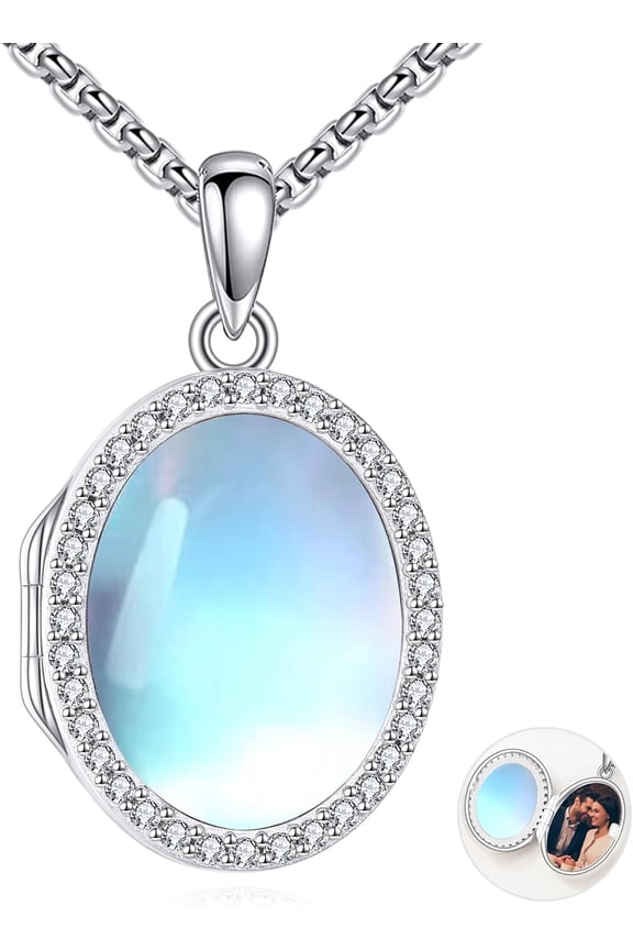 Locket Necklace Sterling Silver Turquoise/Opal/Moss Agate/Moonstone/Black Onyx/Lapis Lazuli/Blue Opal/Malachite Locket Photo Necklace Turquoise Jewelry Memorial Gifts for Women Mom Wife