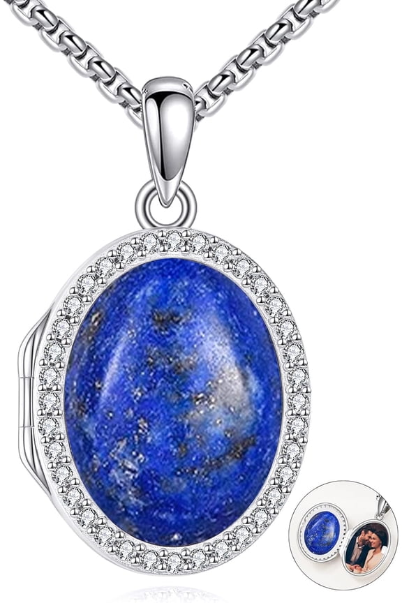 Locket Necklace Sterling Silver Turquoise/Opal/Moss Agate/Moonstone/Black Onyx/Lapis Lazuli/Blue Opal/Malachite Locket Photo Necklace Turquoise Jewelry Memorial Gifts for Women Mom Wife