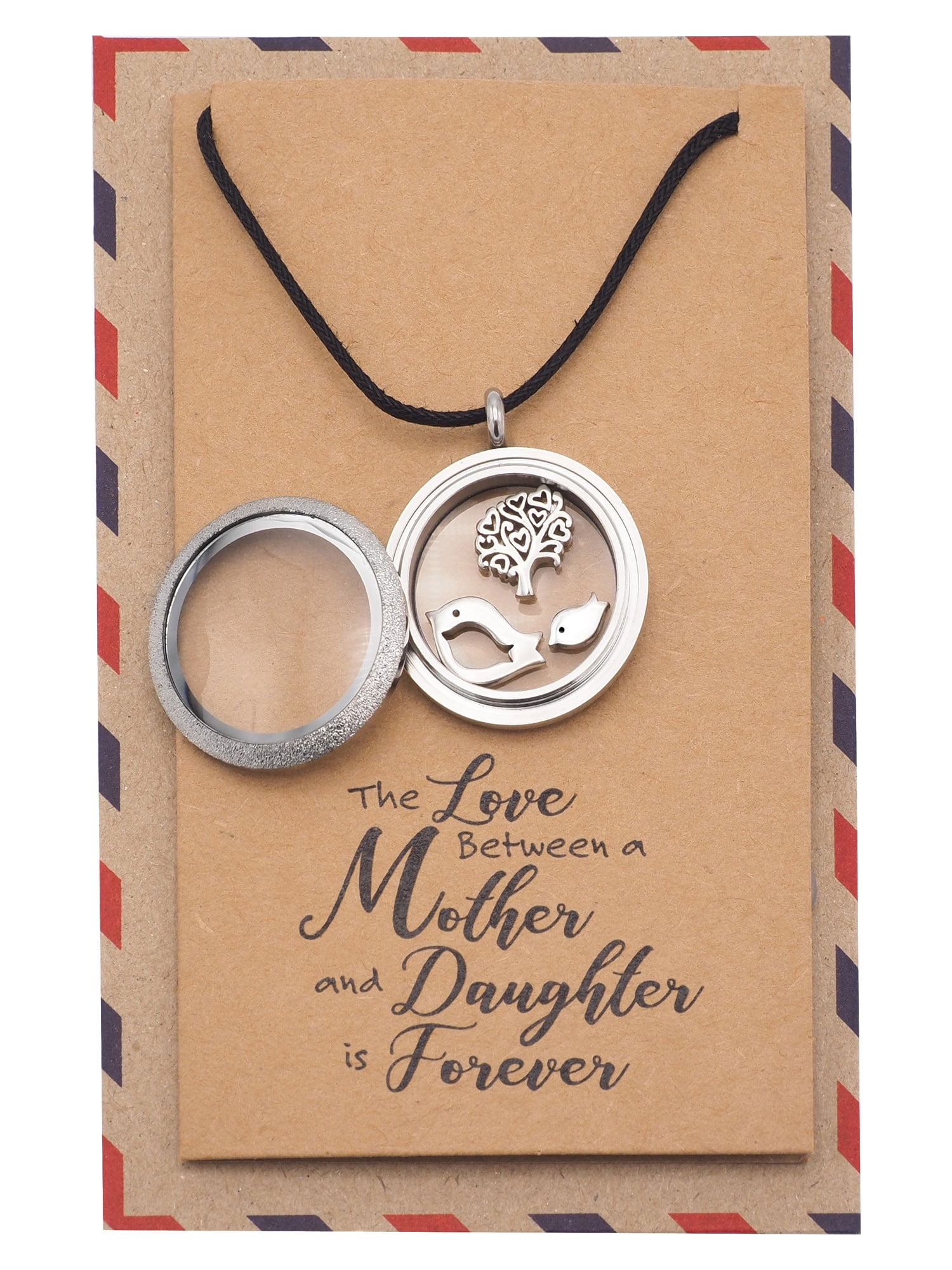 Locket Necklace with Mother Daughter Birds and Tree Charms and Greeting Card