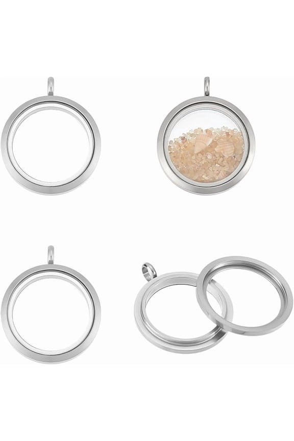 Locket Pendants Stainless Steel Living Memory Floating Locket Charm Crystal Photo Frame Locket Pendants Flat Round Charms Glass Floating Charm for DIY Jewelry Necklace Making