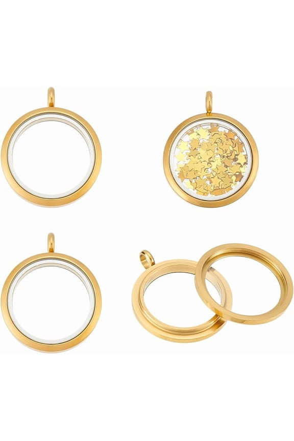 Locket Pendants Stainless Steel Living Memory Floating Locket Charm Photo Frame Locket Pendants Flat Round Charms Glass Floating Charm for DIY