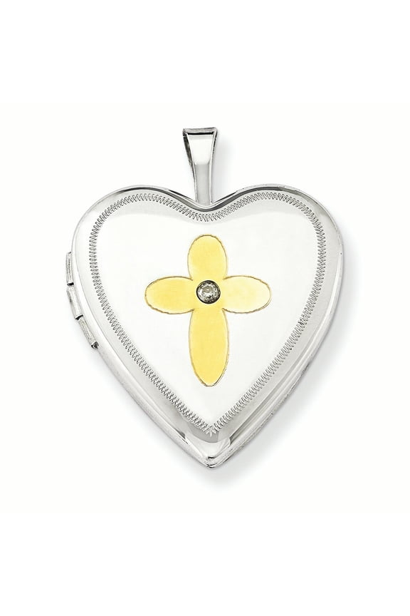 Finest Gold Sterling Silver Gold-Plated Diamond Cross 20 mm Heart Locket