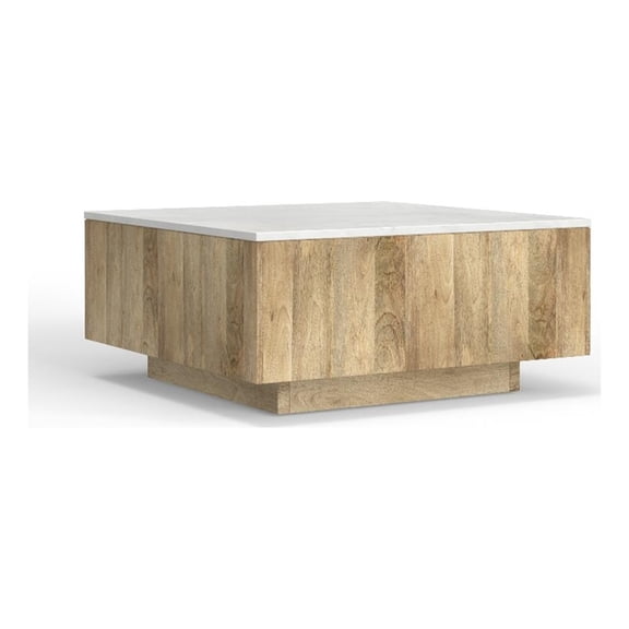 Lockhart 30 in Mango Wood Square Block Coffee Table in White Marble