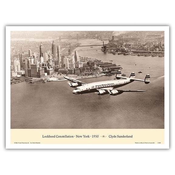 Lockheed Constellation (Connie) - Over New York City 1950 - Vintage Aviation Poster by Clyde Sunderland - Master Art Print (Unframed) 9in x 12in
