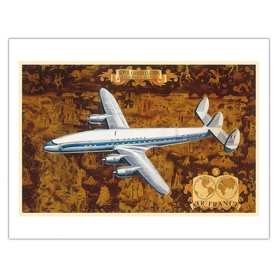 Lockheed L-1049 Super Constellation Airliner - France - Vintage Airline Travel Poster by Lucien Boucher c.1955 - Fine Art Matte Paper Print (Unframed) 20x26in