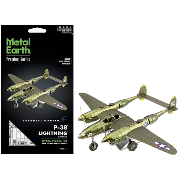 Lockheed Martin P-38 Lightning Fighter Aircraft "#162" US Army Air Forces Challenging Difficulty Steel Model Kit by Metal Earth