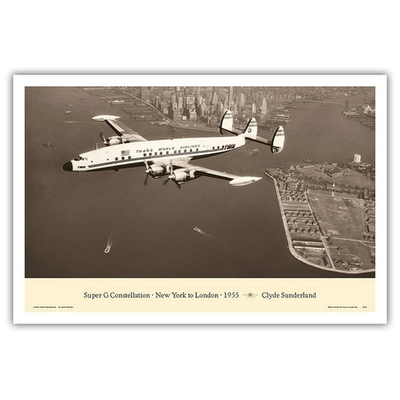 Lockheed Super G L-1049 Constellation - New York to London 1955 - Vintage Aviation Poster by Clyde Sunderland - Master Art Print (Unframed) 12in x 18in