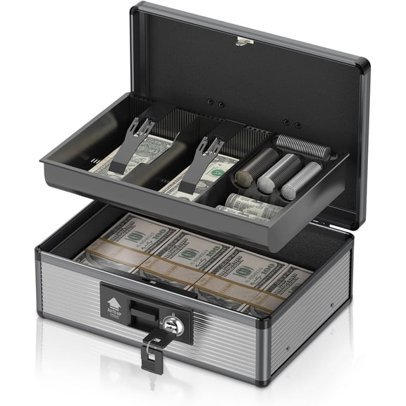 Locking Box with Tray and Key, Secure Safe Box for , Portable Box with Bottom Storage Spaces, Saving Organizer (Black, Large)