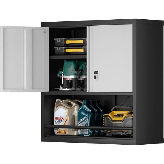 Locking Cabinet, Black Wall Storage Cabinet with Shelves, Hanging Cabinets with Open Storage, Small Wall Cabinet, Lockable Tool Cabinet for Basement, School, Office