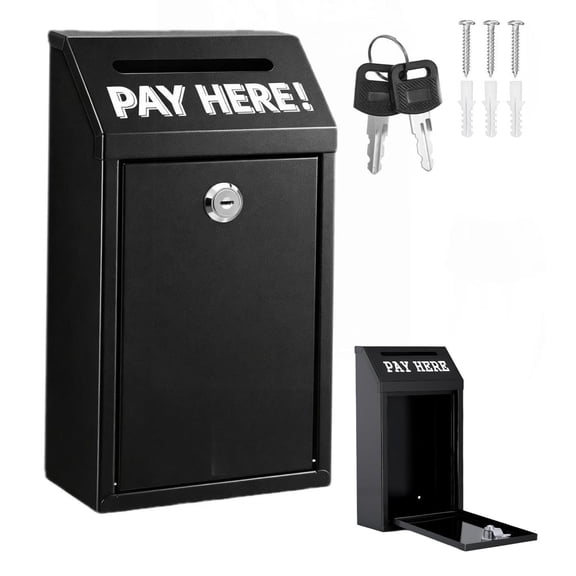 Wall Mounted Metal Donation Box with Lock and 2 Keys, Pay Here Cash Drop Box and Suggestion Box with Slot, Black, 10.24 x 5.71 x 2.95 Inch