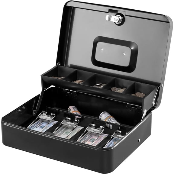 Locking Cash Box with Top Lock,Money Box with Cash Tray,4 Bill/5 Coin Slots,Lock Safe Box with Key,Money Saving Organizer,11.81Lx 9.45Wx 3.54H Inches,Black XL Large