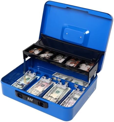 Locking Cash Box with Coin Lid, 11.8L x 9.5W x 3.5H Inches, Latch Safe Money Box with Combination Lock, Blue