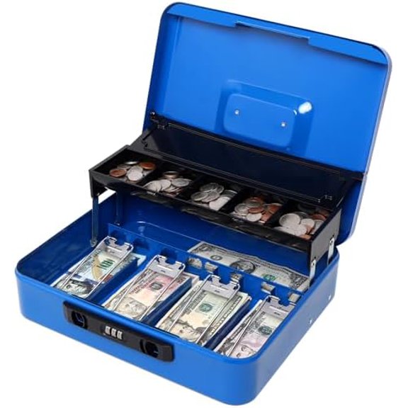 Locking Cash Box with Coin Lid, 11.8L x 9.5W x 3.5H Inches, Latch Safe Money Box with Combination Lock, Blue