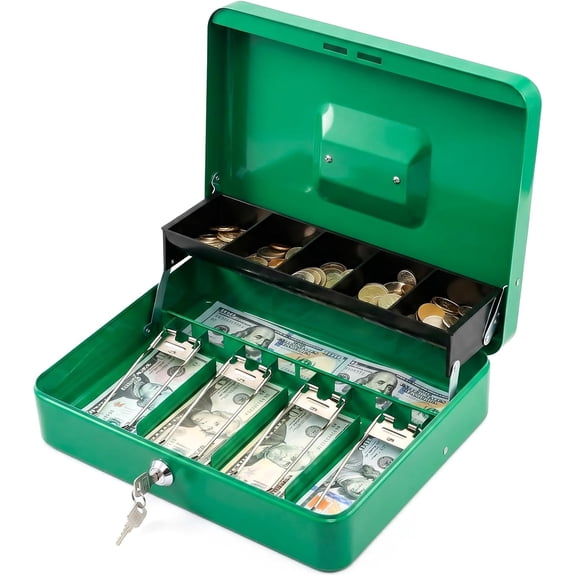 Locking Cash Box with Lock,Money Box with Cash Tray,Lock Safe Box with Key,Money Saving Organizer,11.81Lx 9.45Wx 3.54H Inches,Green XL Large