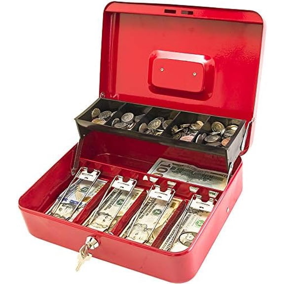 Locking Cash Box with Lock,Money Box with Cash Tray,Lock Safe Box with Key,Money Saving Organizer,11.81Lx 9.45Wx 3.54H Inches,Red XL Large
