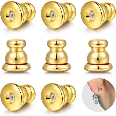 Locking Earring Backs for Studs, Hypoallergenic 18k Gold Bullet Earring Backs Replacements for Studs/Droopy Ears, Secure Locking Backing for Sensitive Ears (Gold 4pairs)