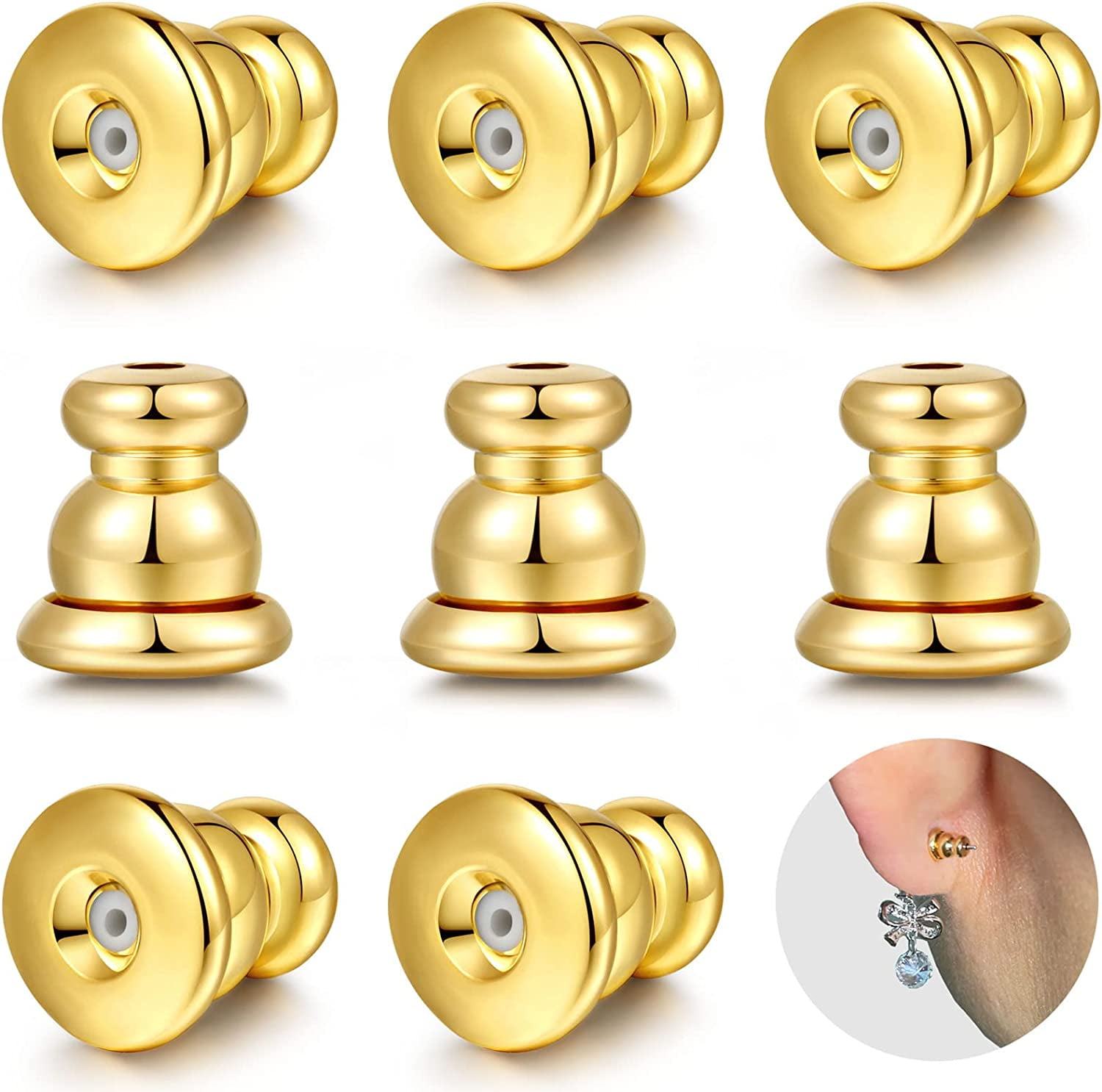 PEDAXI Locking Earring Backs for Studs, Hypoallergenic 18k Gold Bullet Earring Backs Replacements for Studs/Droopy Ears, Secure Locking Backing for Sensitive Ears (Gold 4pairs)