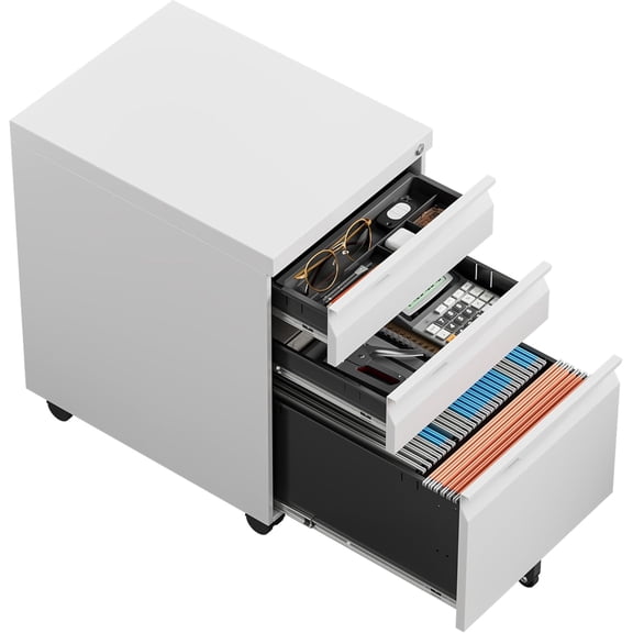 Locking File Cabinet 3 Drawers on Wheels Under Desk, Metal Filing Cabinets for Home Office, A4, Letter-Size Files, Hanging File Folders-White