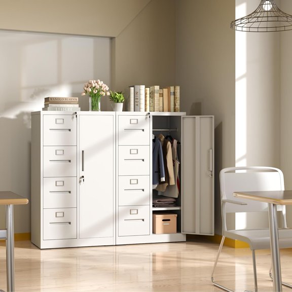 Locking File Cabinet with 4 Drawers and 1 Door, White Metal Storage Locker for Home Office