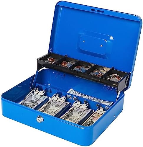 Locking Large Metal Cash Box with Money Tray, Lock Money Box with Key, Blue, CB00513XL