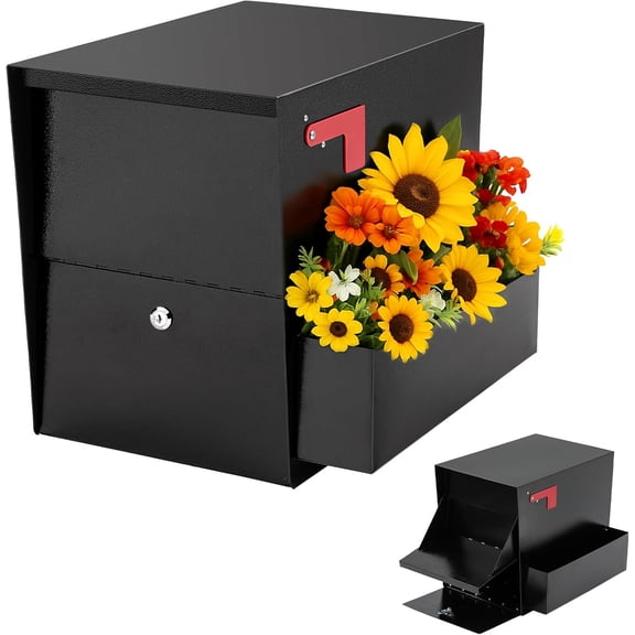 Locking Mailbox with DIY Planter Christmas Decoration for Outside House Large Capacity Post Mount Parcel Mail Box with High Security Reinforced Lock  Magnetic Latch, Black (Mailbox Only)