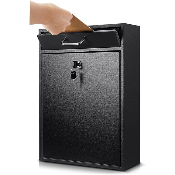 Locking Mailbox with Key for Outdoor 16.2 x 11.2 4.7 Inches Large Wall Mount Mail Box Lock Security Drop Metal Collection Boxes Hanging Secure Postbox(Black)