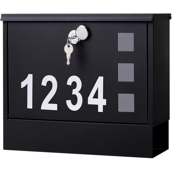 Locking Mailbox Wall Mount for Outside– Mailboxes with Number and Key Lock for Front Door Fence, Large Capacity Letter Box, 14.3 x 4.1 x 11.8 Inch, Black