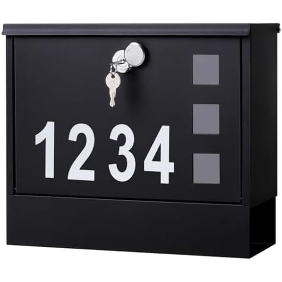Locking Mailbox Wall Mount for Outside–  Mailboxes with Number and Key Lock for Front Door Fence, Large Capacity Letter Box, 14.3 x 4.1 x 11.8 Inch, Black