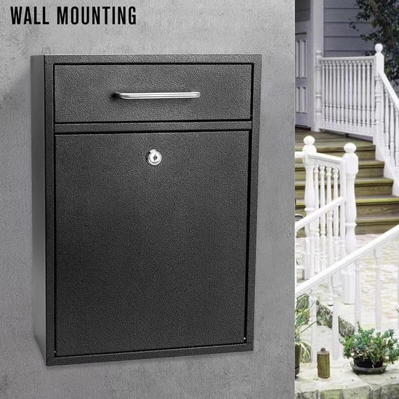 Locking Mailbox Wall Mount, XL Large Black Steel Drop Box with Keys for Outside Security