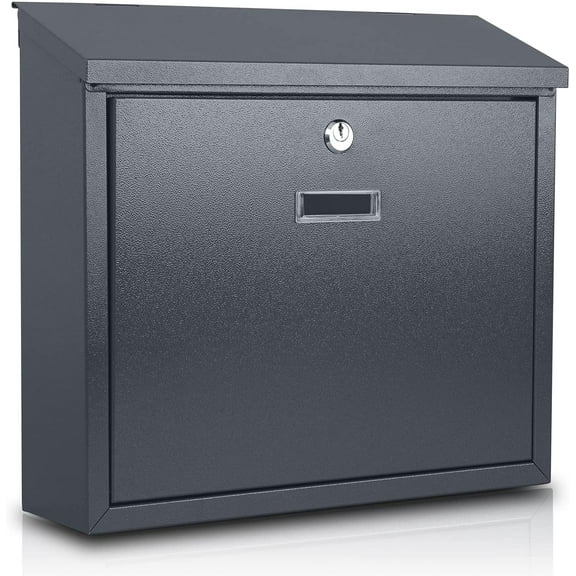 Locking Mailbox with Key, Wall Mounted Metal Security Mailbox, Large Capacity Steel Lock Box with Cover for Home, 14.2 x 12.6 x 4 Inches, Black