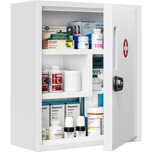 Locking Medicine Cabinet, Empty Metal Medicine Storage Box Wall Mount with All-Metal Digit Lock Keyless, Bathroom Cabinet Organizer Over The Toilet, First Aid Box for Home School Business