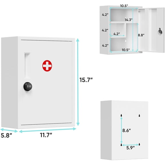 Locking Medicine Cabinet, Empty Metal Storage Box Wall Mount with Digit Lock Keyless, Bathroom Organizer Over Toilet, First Aid Box for Home School Business