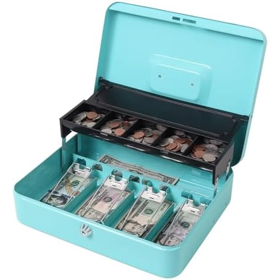 Locking Metal Cash Box with Coin Lid, 11.8L x 9.5W x 3.5H Inches, Safe Money Box with Key Lock, Light Blue, SM-CB0519LB
