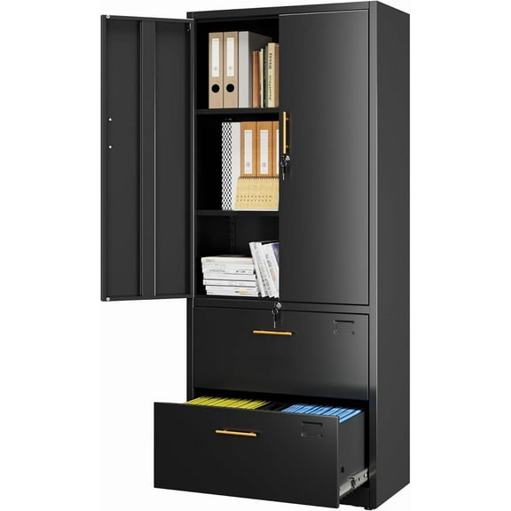 Office File Cabinet with 2 Drawers,Metal Filing Cabinet with Doors for Home Office School for Hanging Letter/Legal/F4/A4 Size Folders,Required Assembly,Black