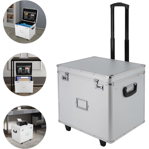 Locking Mobile Business Case, 19.2x15x16inch Portable Aluminum Alloy File Lock Box Hand Rolling File Box with Handle and Wheels for Office Home$$Office