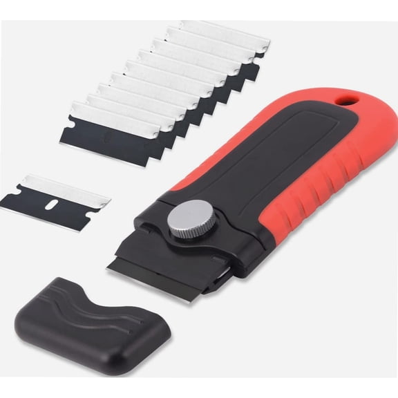 Locking Razor Blade Scraper with Safety Cap, Glass Cooktop Scraper with 10PCS Black Carbon Steel Blades for Glass Clean, Paint and Old Label,Decal Sticker Remover, Stove Top Scraper Tool