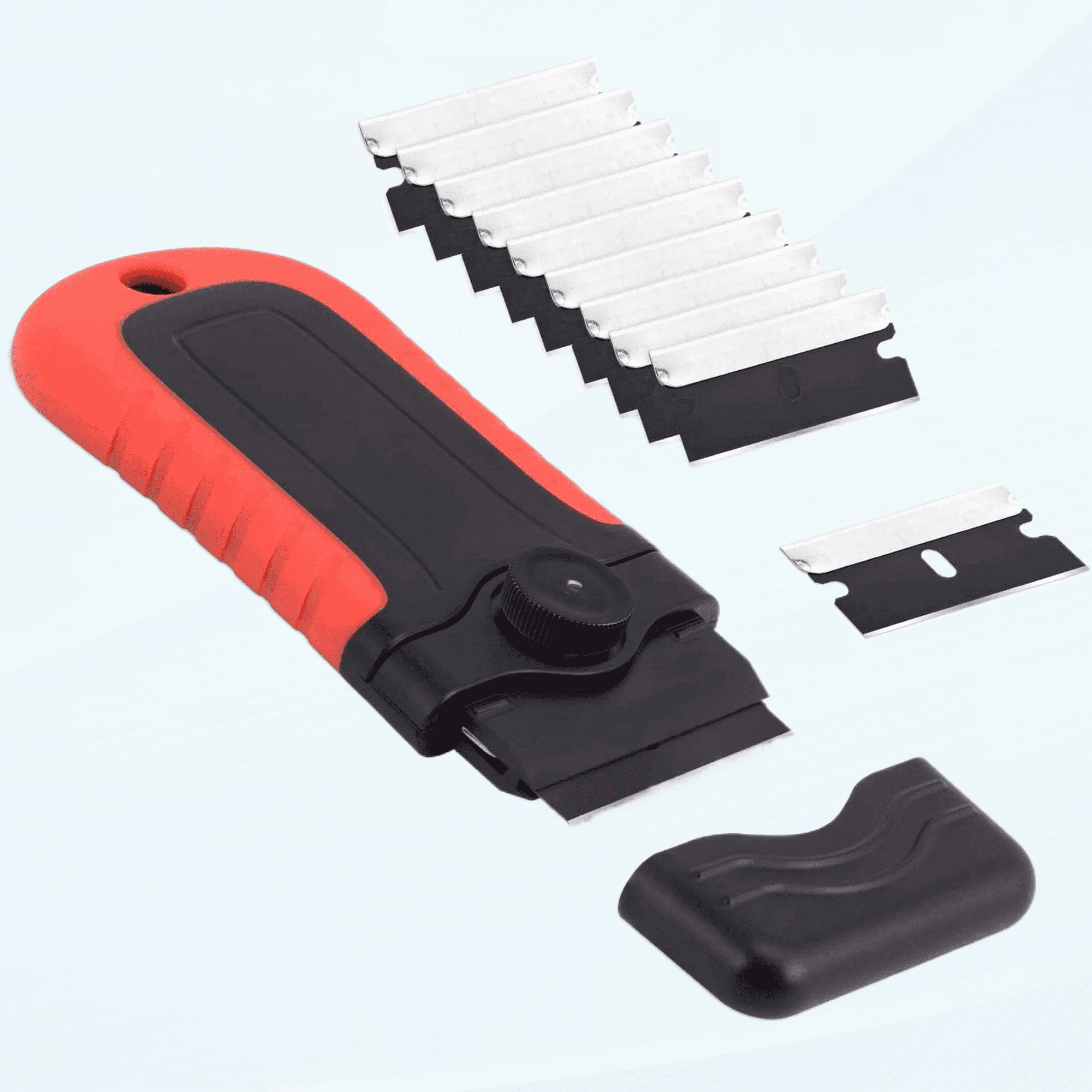 Locking Razor Blade Scraper with Safety Cap, Glass Cooktop Scraper with 10PCS Stainless Steel Blades for Glass Clean, Paint and Old Label,Decal Sticker Remover, Stove Top Scraper Tool