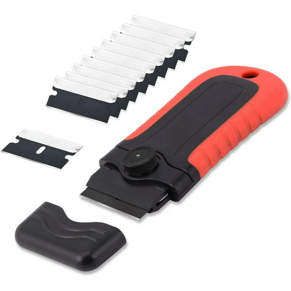 Locking Razor Blade Scraper with Safety Cap, Glass Cooktop Scraper with 10PCS Stainless Steel Blades for Glass Clean, Paint and Old Label,Decal Sticker Remover, Stove Top Scraper Tool