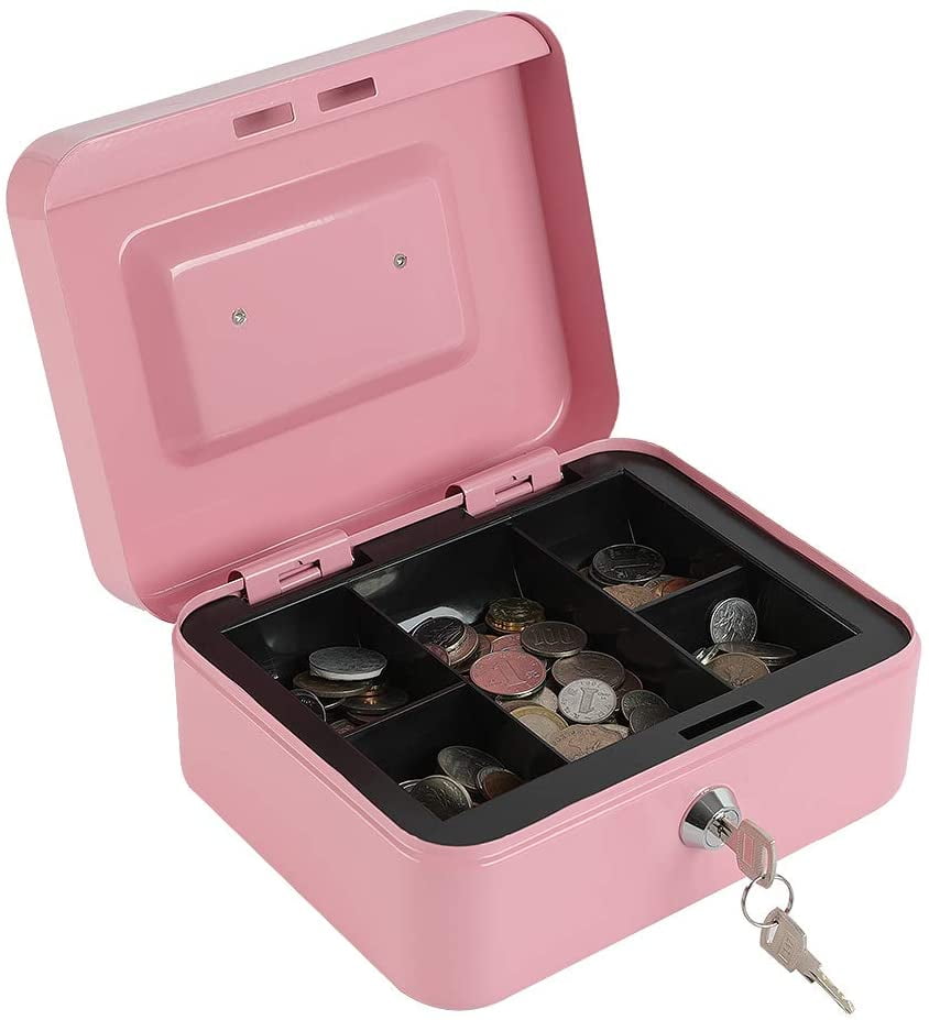 Locking Steel Large Cash Box with Removable Coin Tray and Key Lock,9.84"x 7.87"x 3.54",Pink