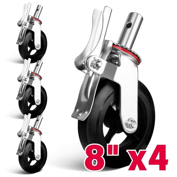 Caster Wheels, 8 Inch Locking Swivel Stem Casters Set of 4, Heavy Duty Castors Rubber Casters No Noise Wheels, Industrial Casters 4400lbs Load for Vac Weber Grills