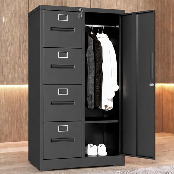 Locking Vertical Storage Filing Cabinet for Office Home School, Deep Black Cold-Rolled Steel 4 Drawer 1 Door Unit