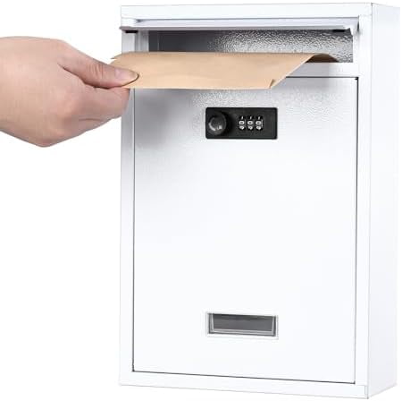Locking Wall Mount Mailbox, Mail Boxes with Combination Lock for Outside, Security Cash Key Letter Drop Box with Code for House Office School,12.4H x 8.54L x 3.35W Inches, White