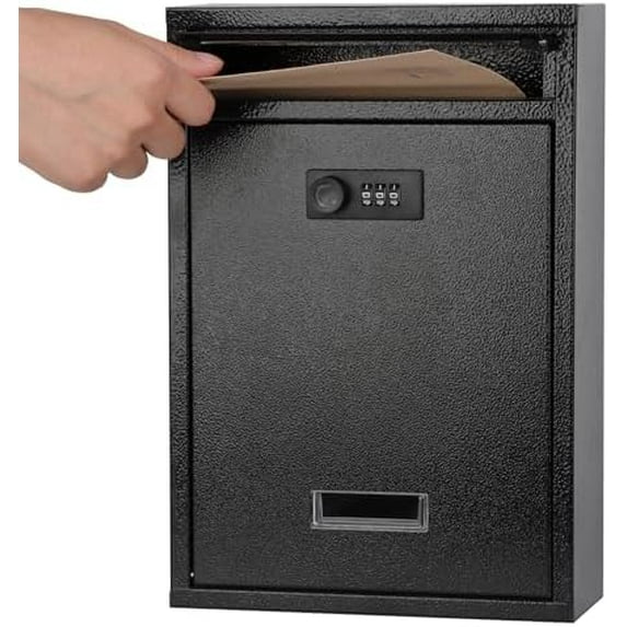 Locking Wall Mount Mailbox, Mail Boxes with Combination Lock for Outside, Security Cash Key Letter Drop Box with Code for House Office School,12.4H x 8.54L x 3.35W Inches, Black