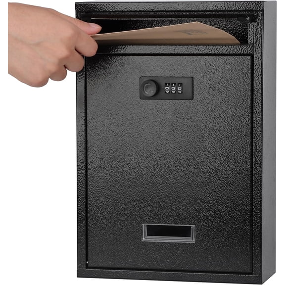 Locking Wall Mount Mailbox, Mail Boxes with Combination Lock for Outside, Security Cash Key Letter Drop Box with Code for House Office School,12.4H x 8.54L x 3.35W Inches, Black
