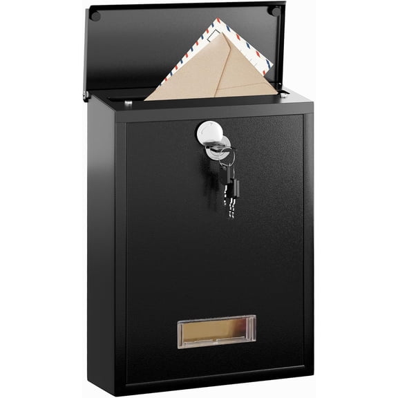 Locking Wall-Mount Mailbox for Outside with 4 Keys Galvanized Steel Rustproof Metal Postbox 3.1" Dx7.5 Wx10.8 H Includes 3 Sets of Numbers Nameplate Black AMB32B