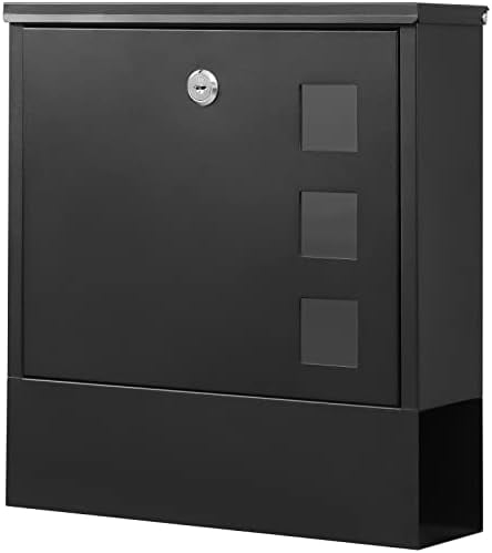 Locking Wall Mount Mailbox for Outside - Large Capacity Outdoor Mail Box with Key Lock for Home/Residential, Holds Newspapers/Magazines/Envelopes, 13 x 3.4 x 11.8 Inch, Black