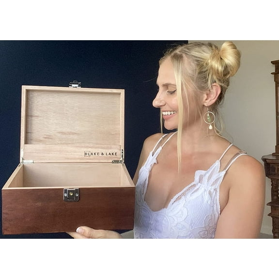 Locking Wooden Storage Box with Hinged Lid - Oak Keepsake Box with Lock