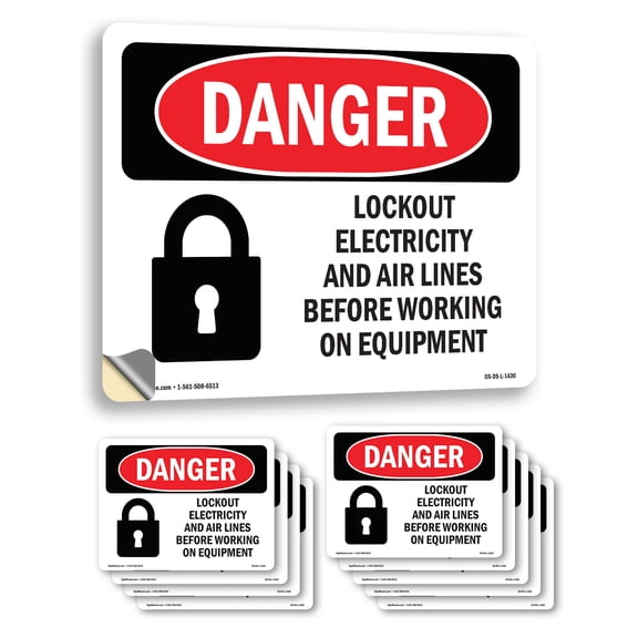 Lockout Electricity Air Lines Before Working OSHA Danger Vinyl Decal Label 14 Inch x 10 Inch - 10 Pack