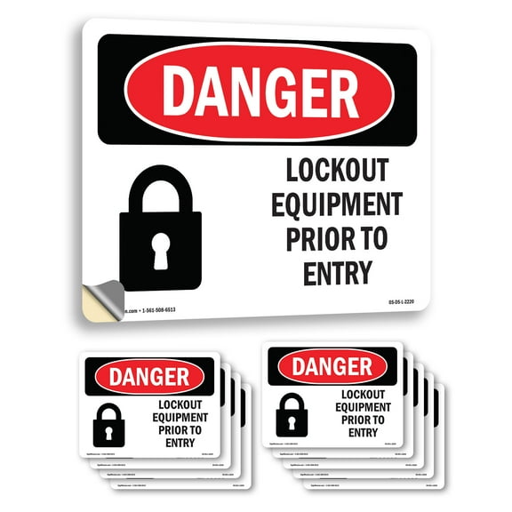 Lockout Equipment Prior To Entry OSHA Danger Vinyl Decal Label 7 Inch x 5 Inch - 10 Pack